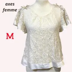 axes femme シャツ ブラウス フラワー レース 肩リボン ホワイトのサムネイル