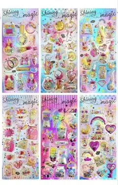 【6枚セット】シャカシャカ シール グリッター ぷくぷく 立体 キラキラ E