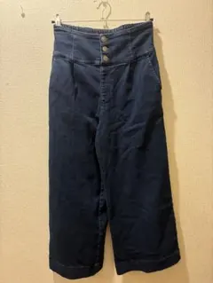 ダークブルー ハイウエスト ワイドレッグパンツ L