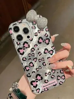 iPhoneケース キティ リボン ヒョウ柄 キラキラ ストーン デコ 豹柄
