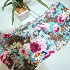ロング大判花柄フリンジ付きストールブラウンピンク水色ネイビーアウトドア秋