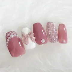 リボンツイードネイル⟡.* 韓国 量産型 フレンチガーリー