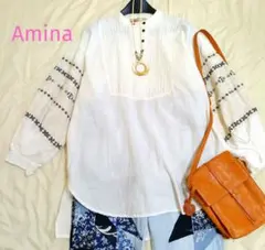 美品　Amina 刺繍袖　綿100%シャツワンピース　チュニック　バックプリーツのサムネイル