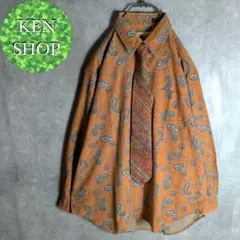 ネクタイシャツ　ブラウン　ペイズリー柄　デザイン柄　ヴィンテージ古着