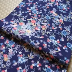 180　紬着物ハギレ　36×330㎝　紬地　草花文　小花　紺