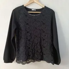 【GLACIER】 ビジュー付ブラック レース長袖トップス （L）