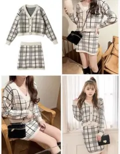 チェック柄ショートニットカーディガンメミニスカートセットアップ [cu263]