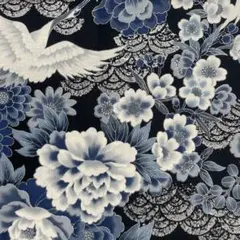 シーチング　花柄と鶴のデザイン生地 100%コットン
