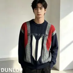 DUNLOP ダンロップ メンズ ウール混 総柄 デザインニット 古着　ロゴのサムネイル