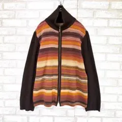 Leilian レリアン　フルジップニット　ボーダー　茶色　日本製　Mのサムネイル