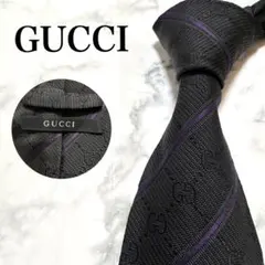 GUCCI シルク ネクタイ 黒・紫 ストライプ　レジメンタル　gg柄