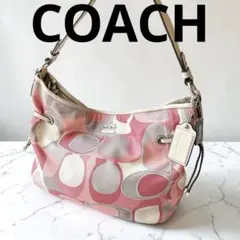 COACH ピンク ホーボー シグネチャー柄 キャンバス ショルダーバッグ