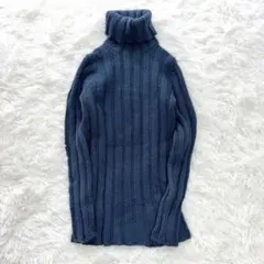 昭和レトロ ブルー タートルネック リブニット 細身 テック モード