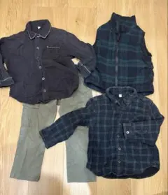 4点セット ベビー服 ブラック、 グリーン チェックシャツ、ベスト、パンツのサムネイル