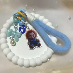 アクリル　チャーム付き　スマホ　ストラップ　チャッキー　水色