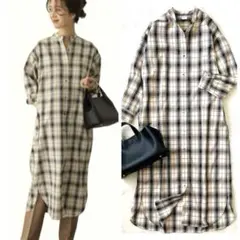 美品 アーバンリサーチドアーズ チェック バンドカラー シャツワンピース 長袖