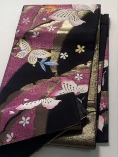 袋帯 正絹 振袖 雪輪文様 蝶 金糸 ロングサイズ F1687