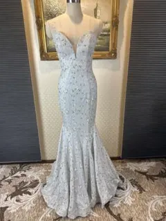 ラメライトグレー ビーズ総刺繍 マーメイドドレス Vネック オープンバック