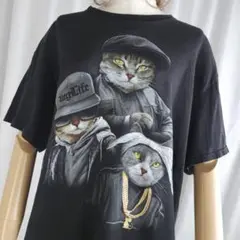 Lサイズ DOM HUG LIFE 猫 ギャング Tシャツ 黒 古着 アニマル