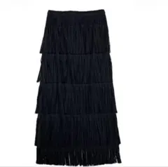新品タグ付き　pleats please フリンジ　ウエストゴム　スカート　黒のサムネイル