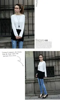 新品バイカラードルマン袖長袖Tカットソーとろみ生地ブラック×ホワイトF