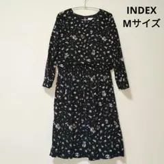 INDEX ネイビー 花柄 ワンピース 長袖 膝丈 ワールド インデックス