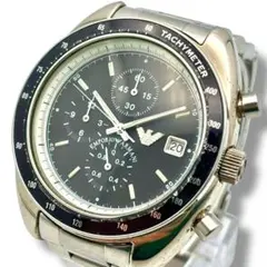 稼働 アルマーニ 腕時計 クオーツ メンズ シルバー 黒文字盤 クロノグラフ