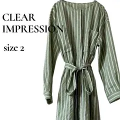 クリアインプレッション　ベルト付きストライプロングワンピ　Ｍ　カーキ白　春夏