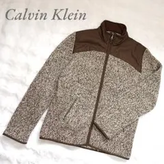 カルバンクライン◆ニットジャケット(L)茶 ウール混 フルジップ 大人カジュアル