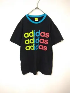 アディダス　adidas　Tシャツ　メンズL　黒　３連ロゴ　綿　プリントロゴ