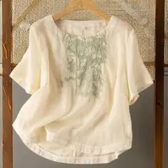 大きいサイズ　刺繍　ブラウス 半袖 体型カバー　カットソー シャツ ナチュラル
