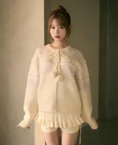 【TITTY&CO.】ノルディック柄ボンボン付きニットカーディガン