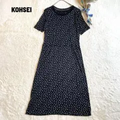 KOHSEI 小花柄ロングワンピース 半袖 シアー襟 日本製 40 黒 大人上品 
