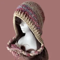 バラクラバ ピンクアイボリー フード帽 一部モヘア調y2kハンドメイド編み物帽子