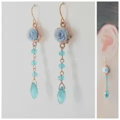 【775】ピアス　イヤリング　バラ　薔薇　花　　　ブルー　ロング　ハンドメイド