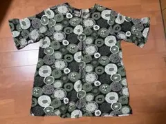 Tシャツ 半袖 麻 緑 花柄 サイズL レディース パッチワーク