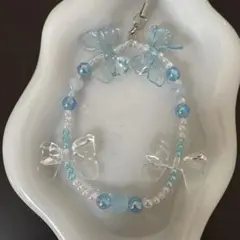 水色リボン型ガラスビーズ携帯ストラップ