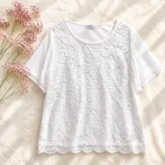 【シネマクラブ】美品✨花柄レース切替 半袖ブラウス M 白 上品 フェミニンのサムネイル