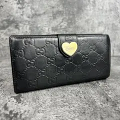 グッチ 長財布 ラブリーハート GGシマ レザー Wホック ブラック