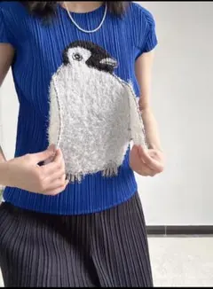 極美品 PLEATS PLEASE ペンギン刺繍アップリケ半袖 ブルー サイズ3のサムネイル