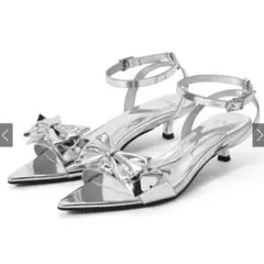 リボンポインテッドトゥローヒールサンダル　zr1185