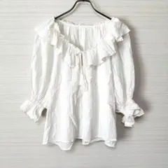 VIS フリル ギャザー ブラウス 綿100% ホワイト