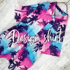 柄シャツ レディース 半袖 M ピンク 未使用 古着 総柄 アロハ アート