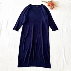 PLST Ｖネックドルマンスリーブニットワンピース 7分袖　ネイビー　M