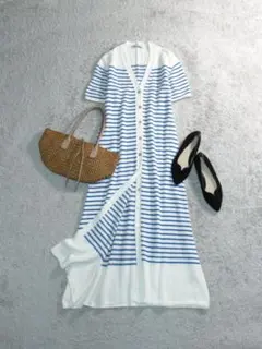 ザラ コットンニット ボーダー Vネック Aライン ロング ワンピース S