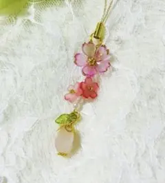 天然石ローズクォーツ 大粒 春アクセサリー ストラップ 桜 花 母の日ギフト