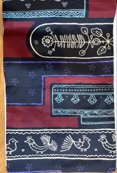 【アンティーク美品】名古屋帯 更紗調 鳥・草花紋様 紺×臙脂 エキゾチック