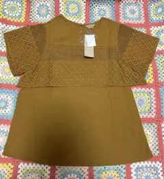 samansaMos2 レース切り替えTブラウス　半袖トップス フリーサイズ