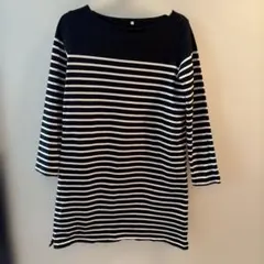 無印 Mサイズ 黒白ストライプ 五分袖Tシャツ
