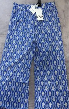 ZARA ❤️ブルー葉柄カジュアルパンツ